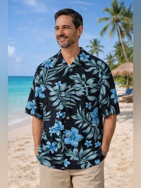 Bermuda Bay Men’s 100% Silk Tropical Hawaiian Black & Blue Printed Shirt Size M